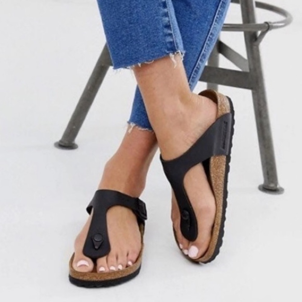 Womens Birkenstock Sandals black thongs sandals faux leather Birks EU 40 Gizeh